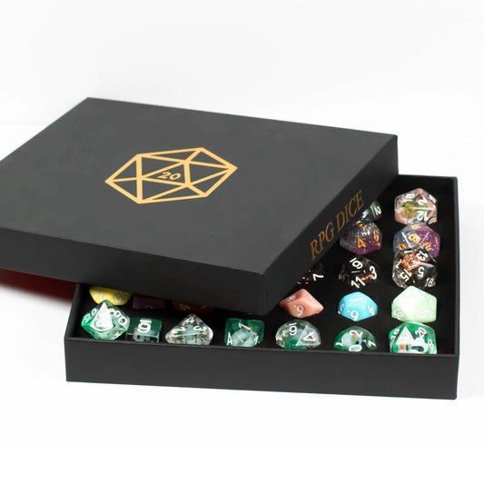 Cusdie D&D Dice Set with 2in1 Gift Box Dice Tray Random 5Sets/35Pcs Resin Polyhedral Dice for Role Playing Board Game Gift Box