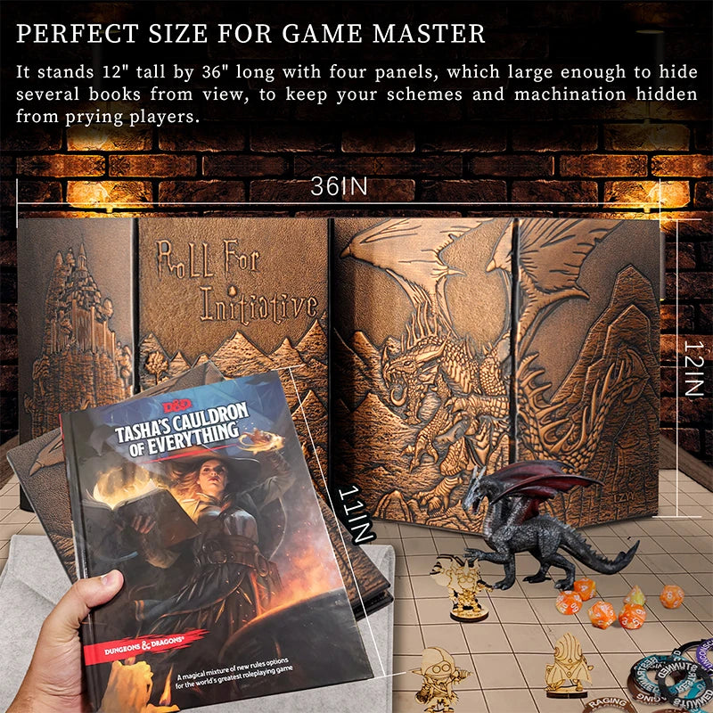 DND Dungeon Master Screen Faux Leather Embossed Dragon & Mimic, Four-Panel with Pockets DM Screen for Dungeons and Dragon - Dice Drop