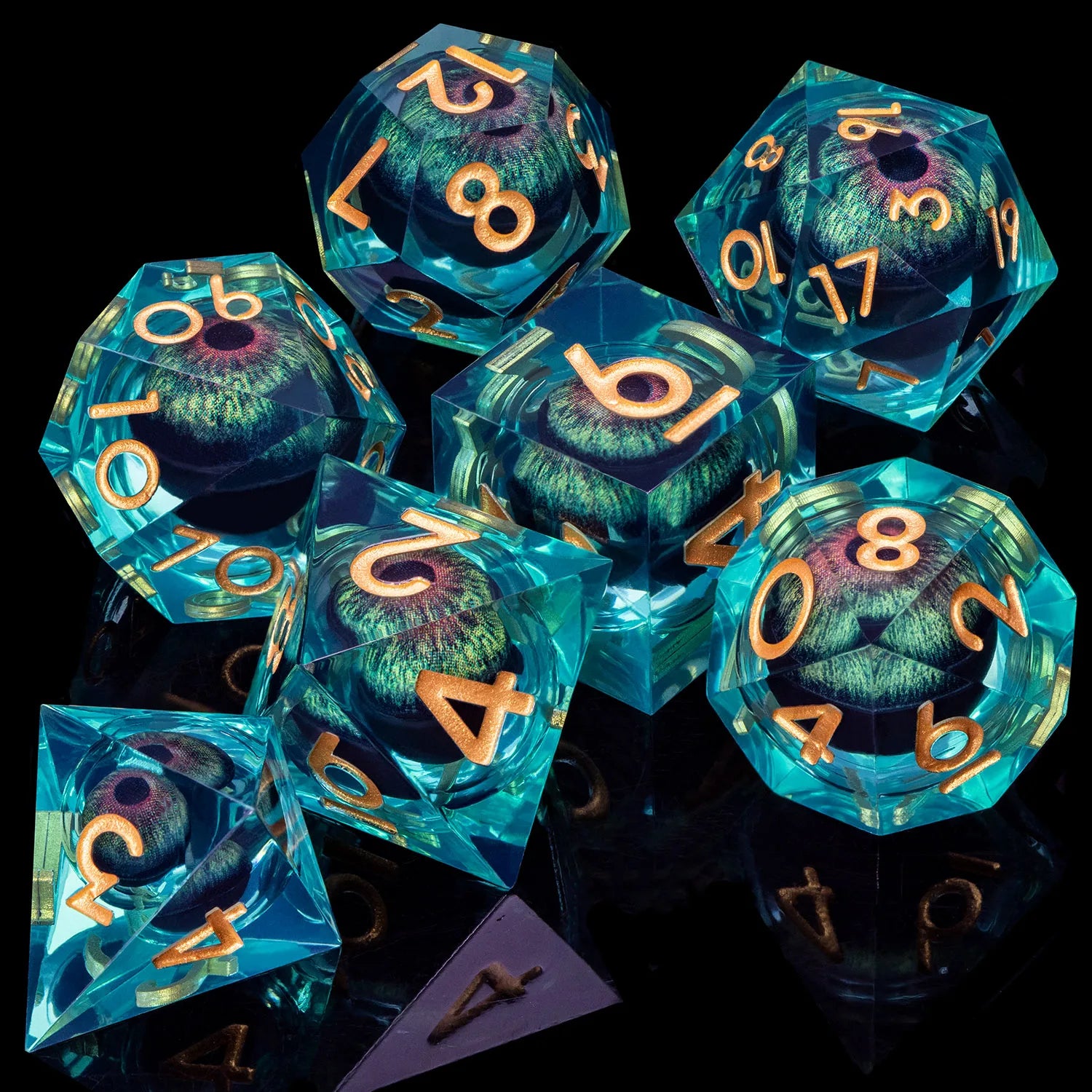 Dnd D20 Black Blue Liquid Flow Eye Dice Set & Ring D and D Sharp Edge Dice For Dungeon and Dragon Pathfinder Role Playing Games