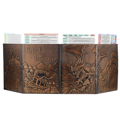 DND Dungeon Master Screen Faux Leather Embossed Dragon & Mimic, Four-Panel with Pockets DM Screen for Dungeons and Dragon - Dice Drop